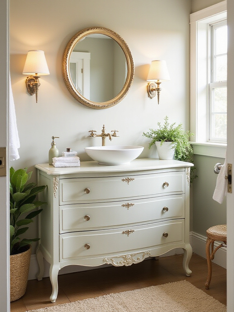 A vintage dresser converted into a stylish bathroom vanity with a vessel sink.