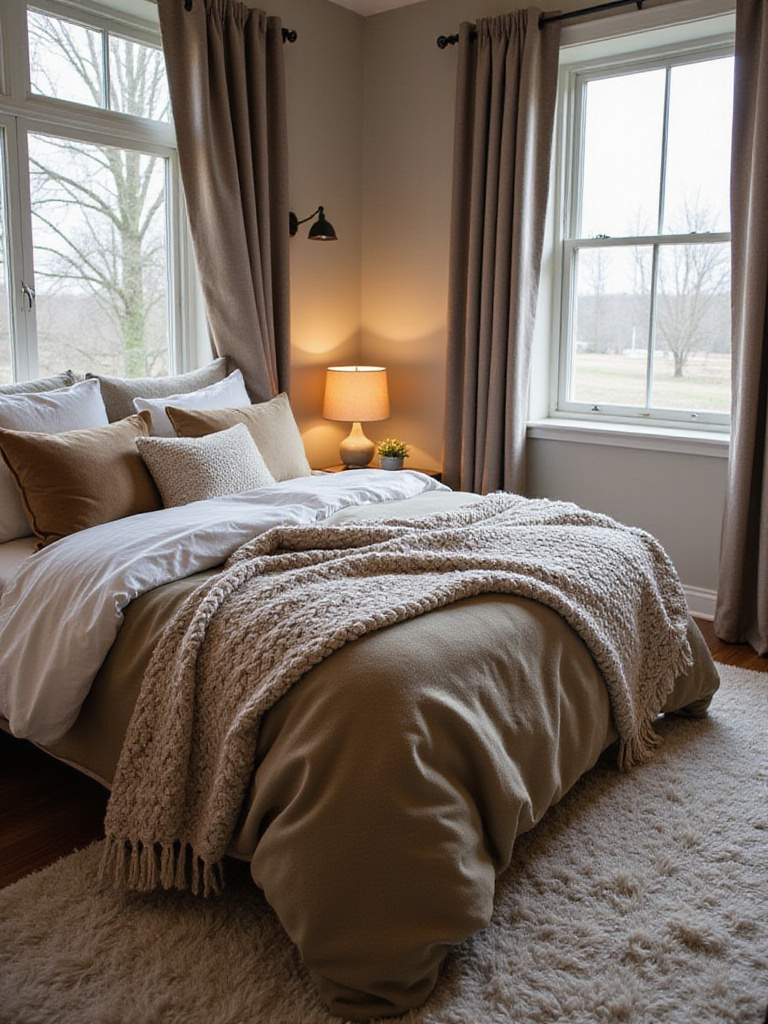 Cozy bedroom with soft warm textures and layered bedding