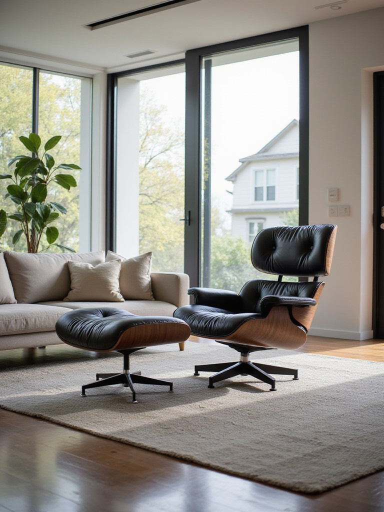Luxury living room featuring an Eames Lounge Chair and Ottoman as a focal point.
