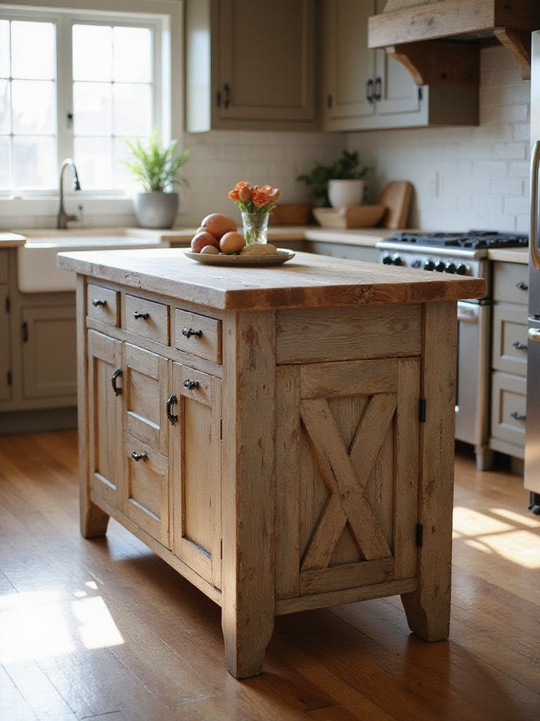 Rustic kitchen island with distressed finish showcasing aged wood texture