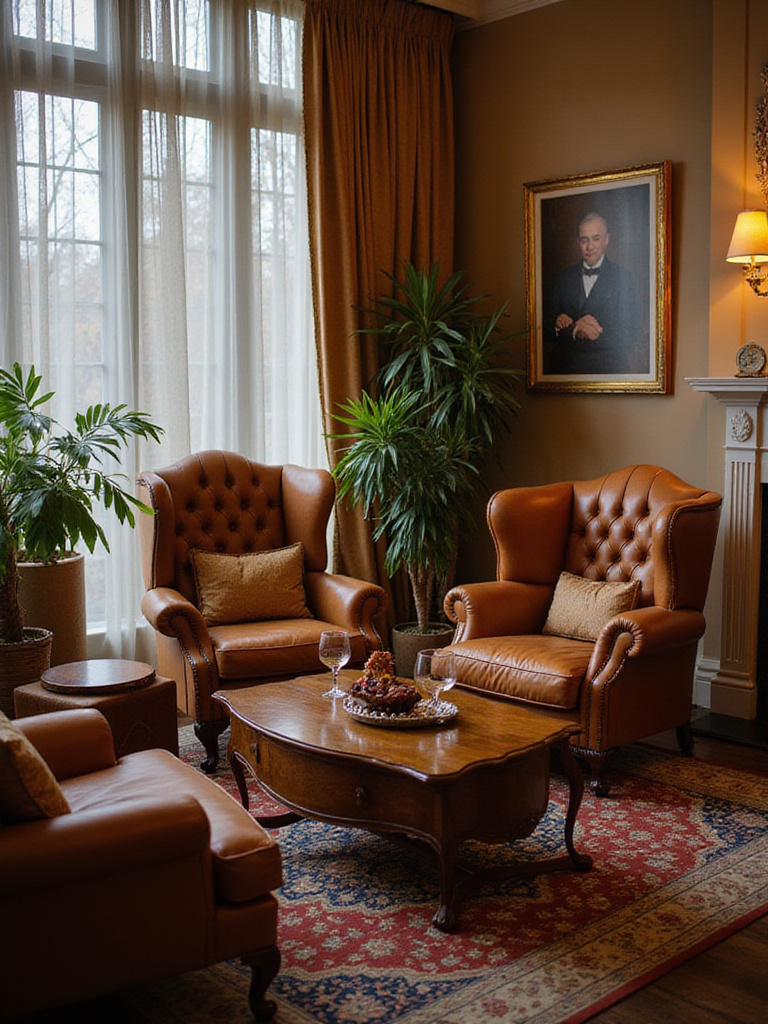 Elegant wingback and Chesterfield chairs in a luxurious living room setting