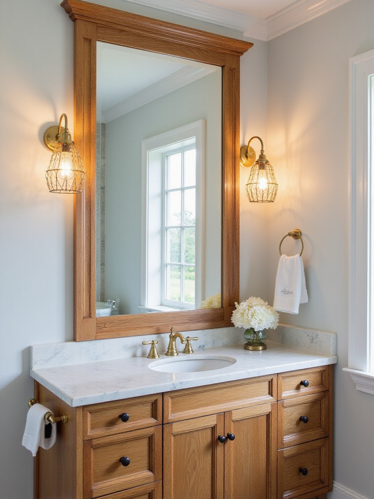 A coastal bathroom featuring nautical lighting fixtures with brass sconces and a large vanity mirror.