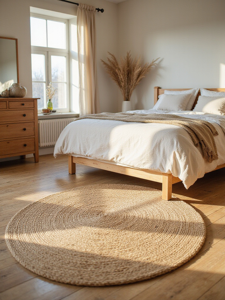 Eco-chic bedroom with a jute rug under a king-sized bed, showcasing natural textures and warm lighting.