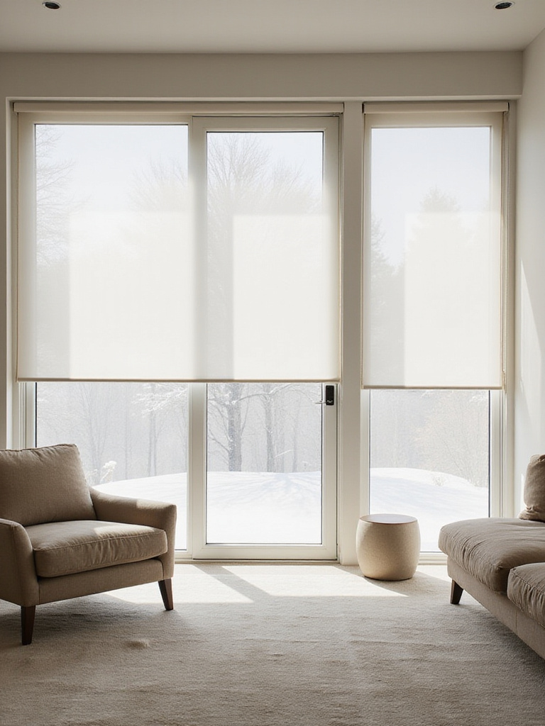 Contemporary living room with minimalist window treatments allowing maximum light
