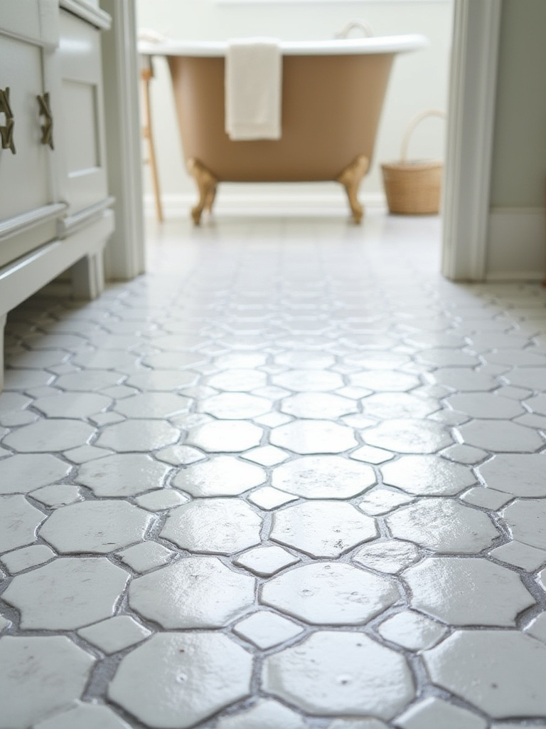 Farmhouse bathroom floor with white hexagon tiles and dark charcoal grout highlighting the design.