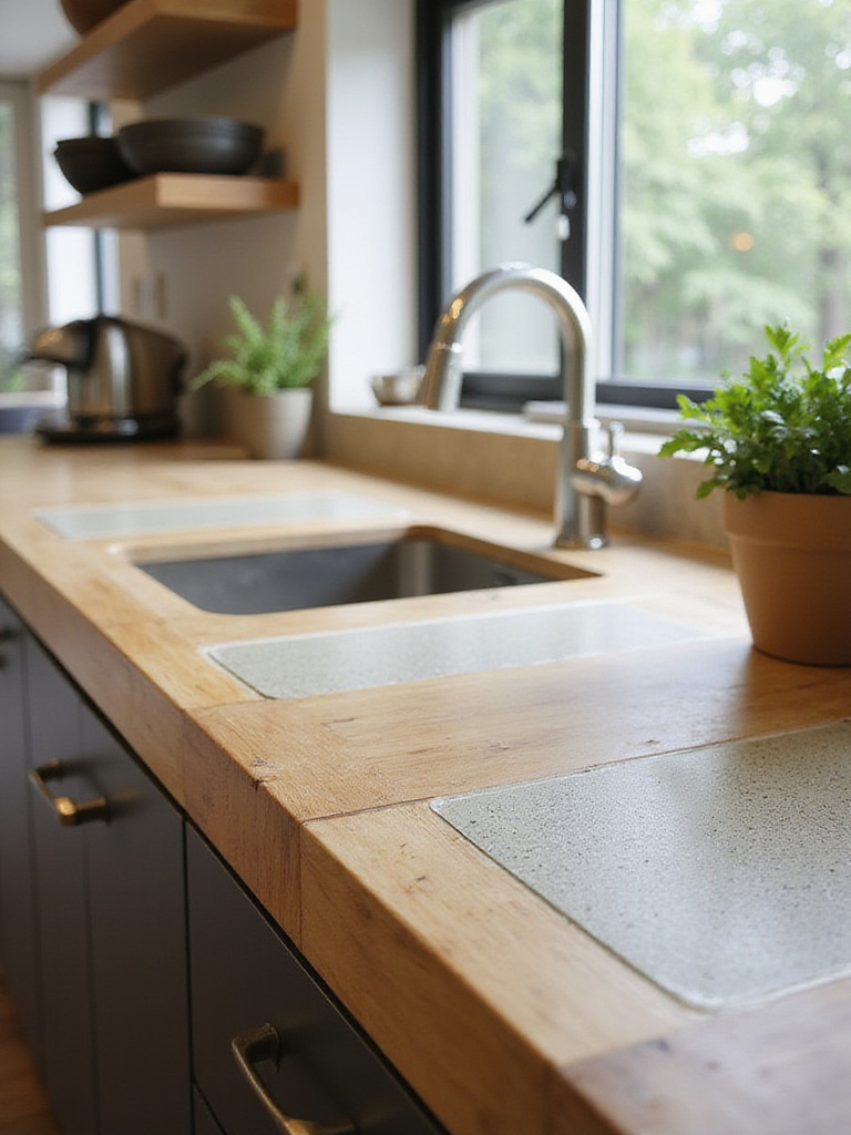 Modern kitchen with sustainable bamboo and recycled glass countertops