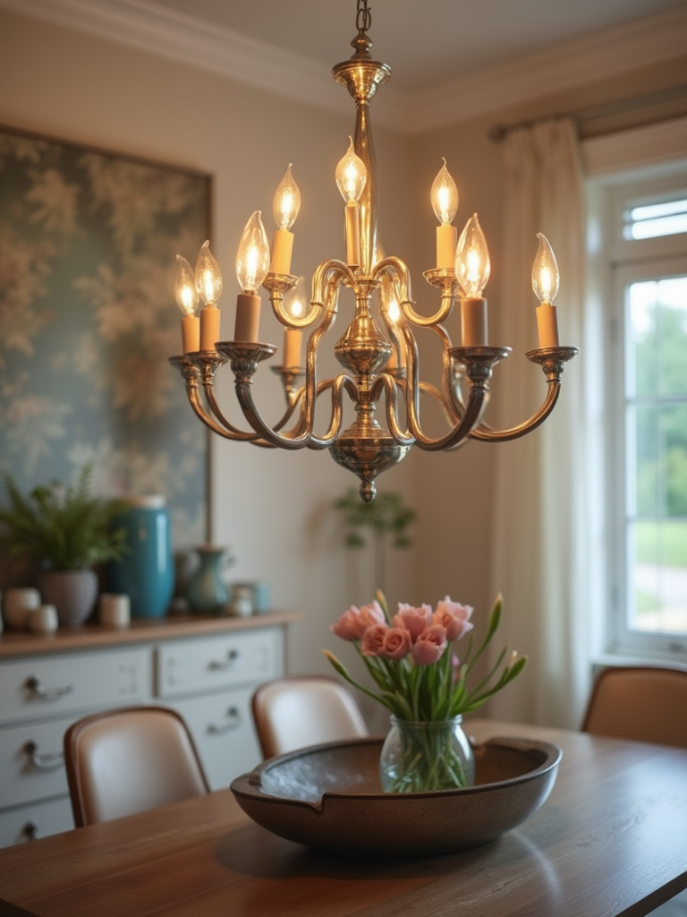 Elegant dining room with a polished nickel chandelier and modern decor