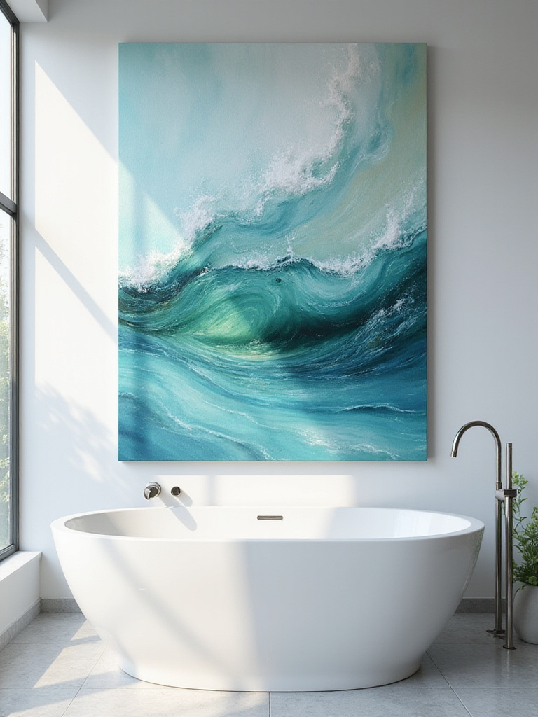 Serene bathroom featuring ocean-inspired wall art above a freestanding tub