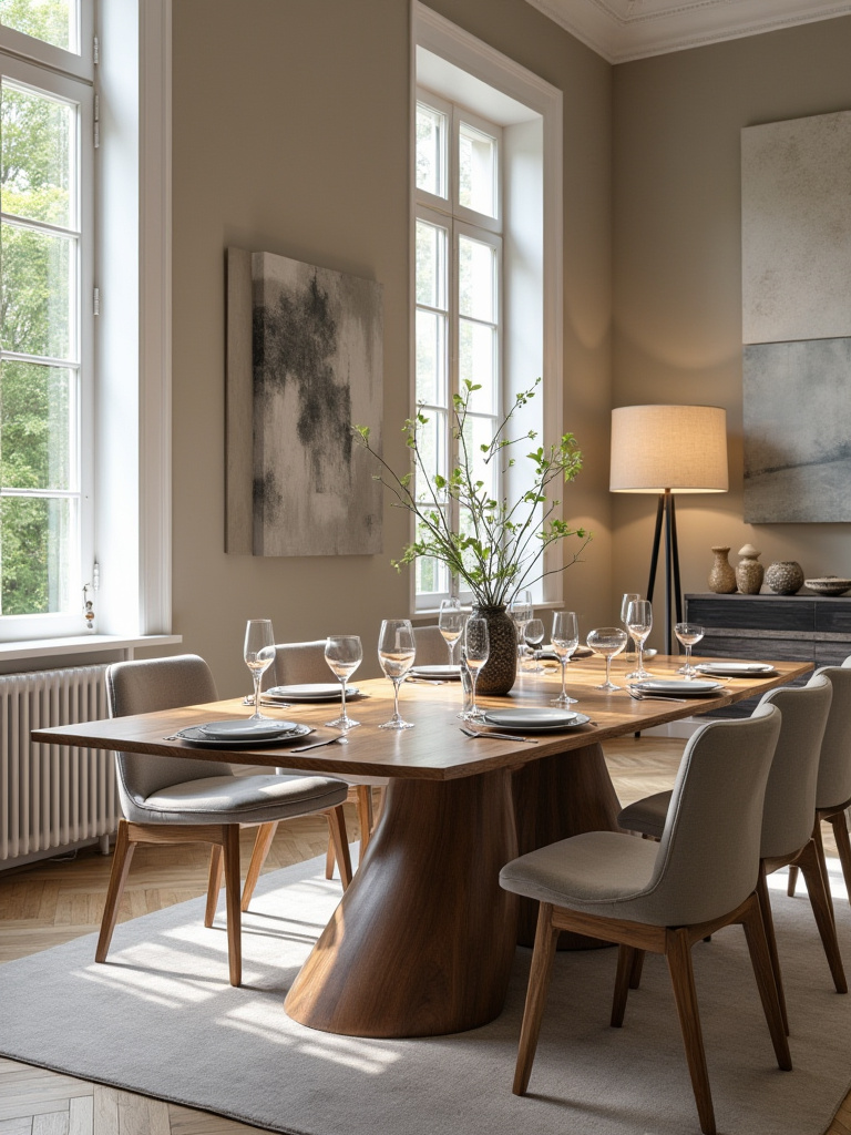 Modern dining room showcasing various table shapes for optimal room flow.