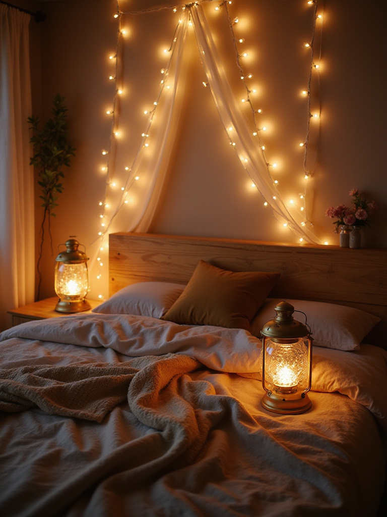 Boho bedroom with ambient string lights and lanterns creating a soft glow