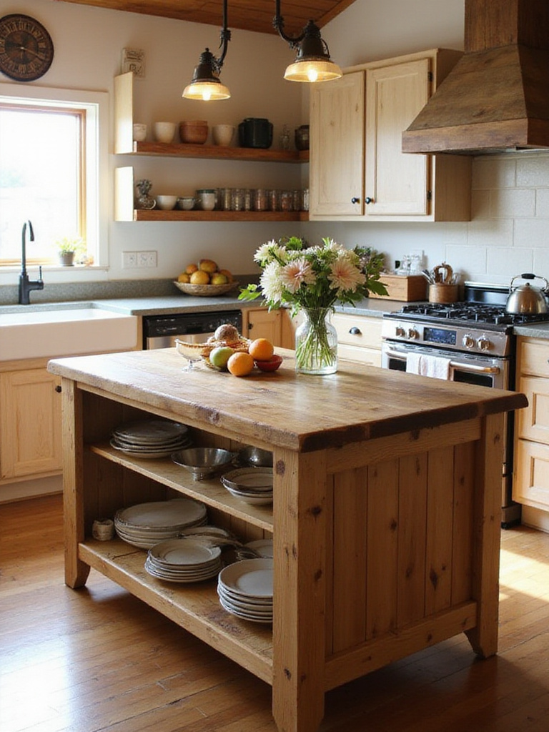 Rustic kitchen with a perfectly sized kitchen island made from reclaimed wood, showcasing a warm and inviting atmosphere.