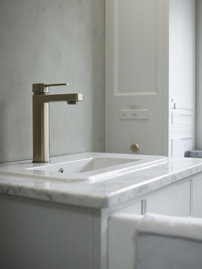 Modern gray bathroom with brushed nickel hardware