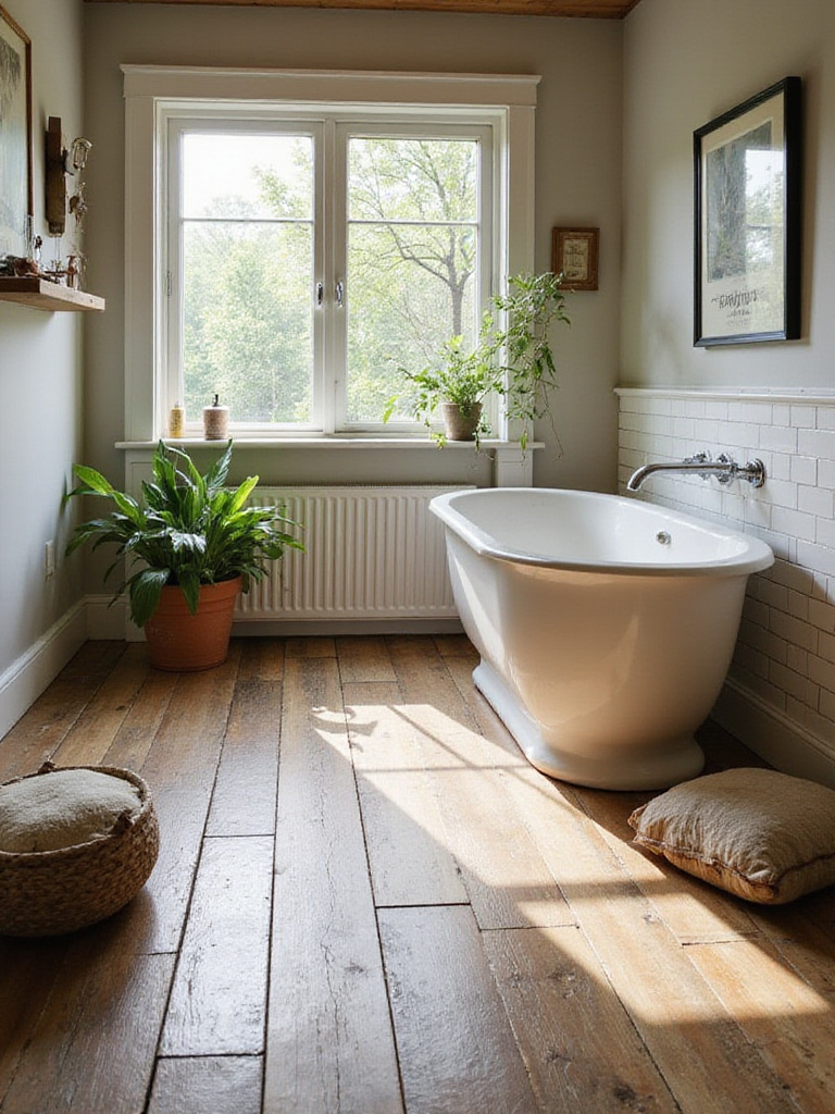 Farmhouse bathroom showcasing locally sourced flooring options in natural lighting.