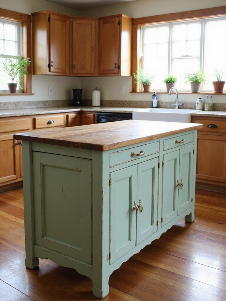 Restored vintage kitchen island in a rustic kitchen setting, showcasing unique character and charm.