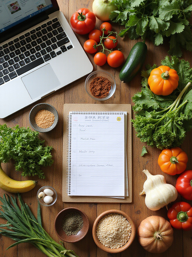 Organized kitchen workspace for meal planning with fresh ingredients and a meal plan.