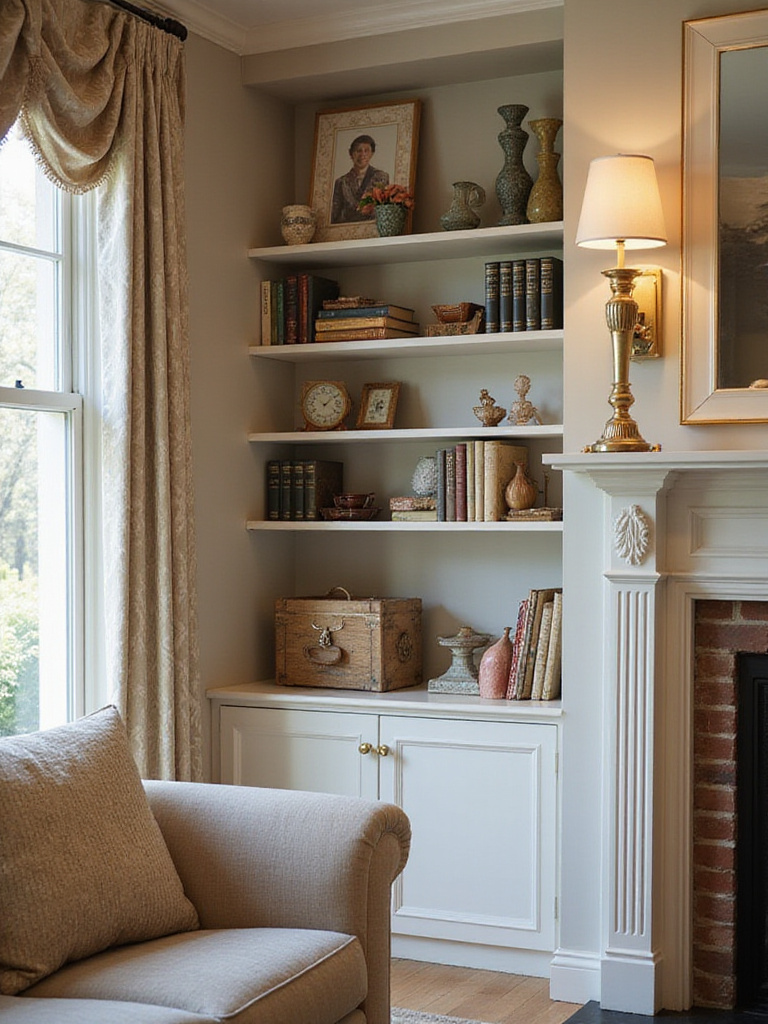 Styled built-in bookshelves with books and decorative items in a traditional living room.