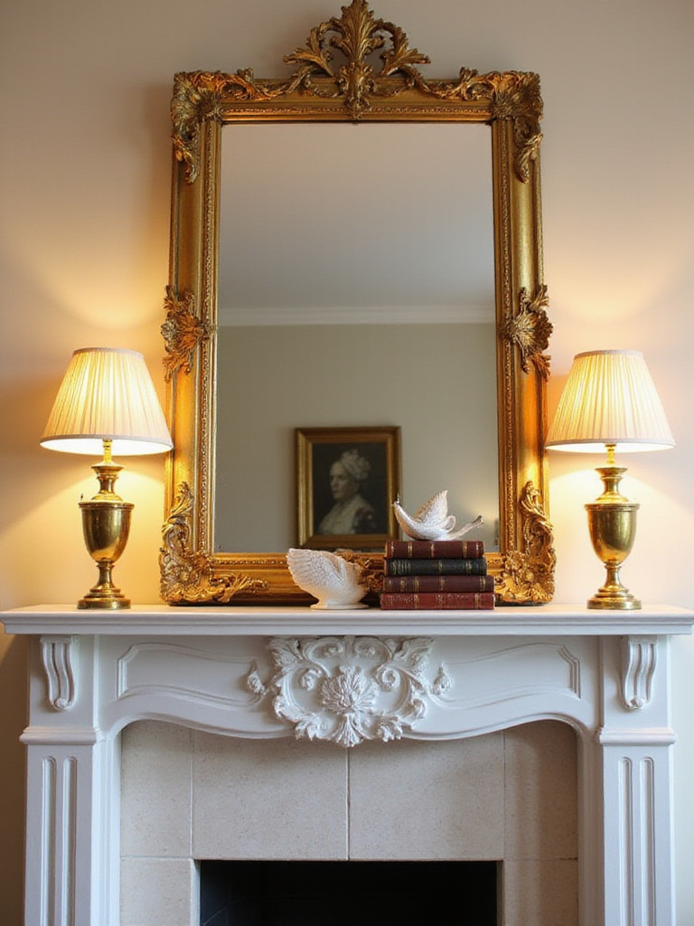 Elegant fireplace mantel styled with vignettes featuring a gold-framed mirror and antique lamps.