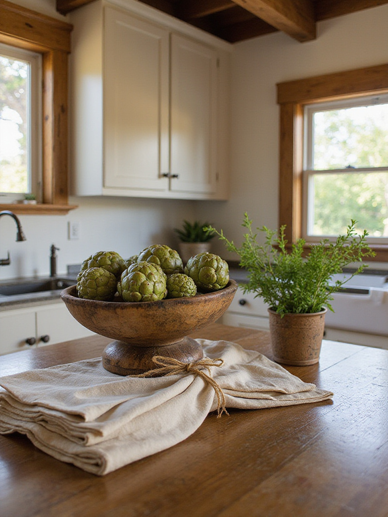 A rustic kitchen island styled with a wooden bowl, vintage napkins, and a potted herb plant.