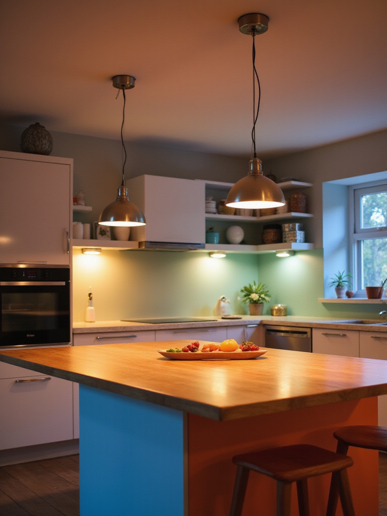 Modern kitchen showcasing energy-saving LED lighting.