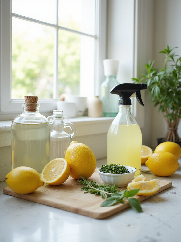 DIY natural cleaning products arranged on a kitchen countertop with fresh ingredients.