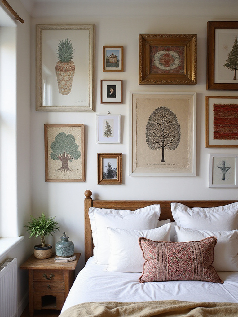 Eclectic gallery wall with global art in a boho bedroom, showcasing various textures and colors.