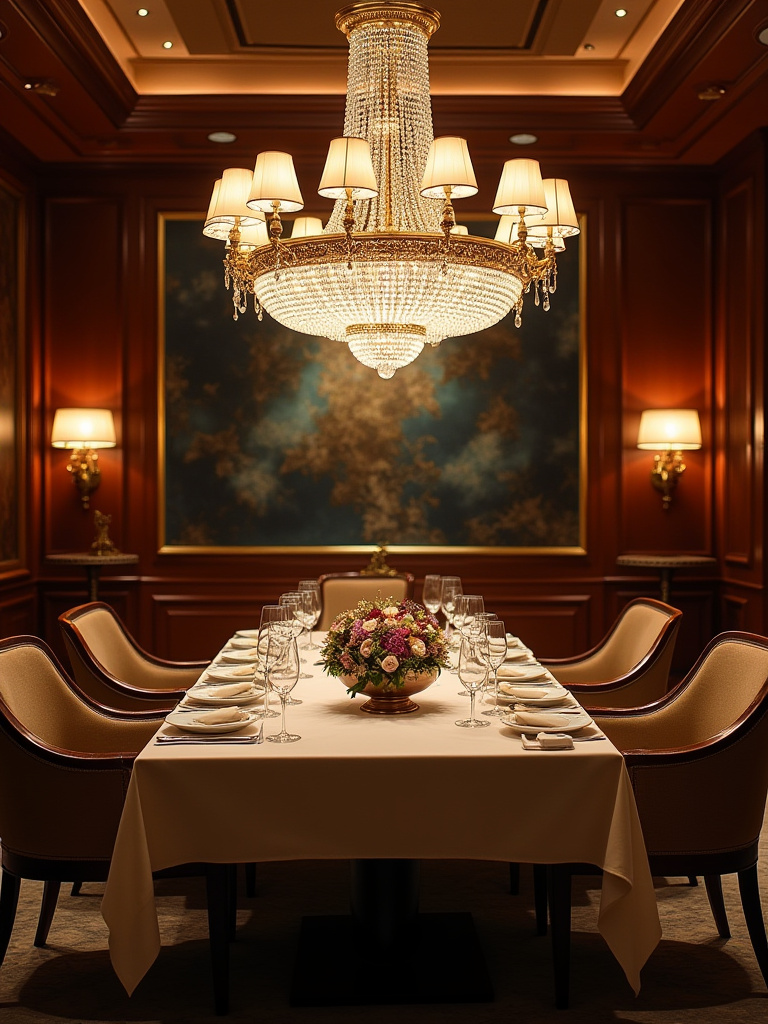 Luxurious dining room with elegant chandelier and warm lighting
