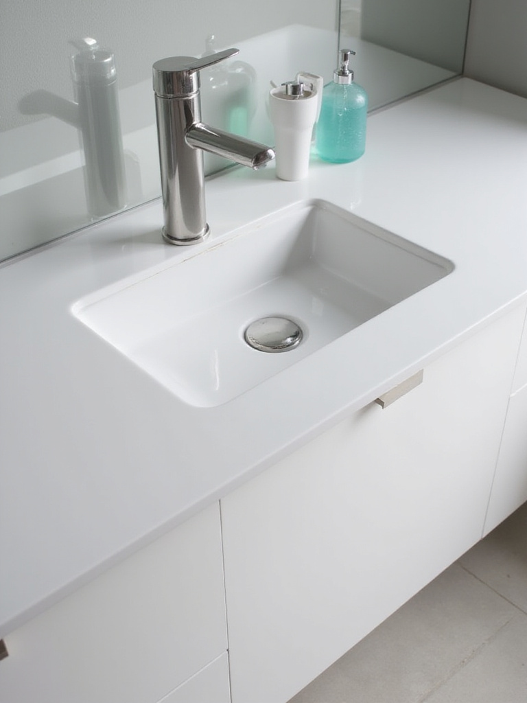 Modern bathroom with white quartz countertop and undermount sink.