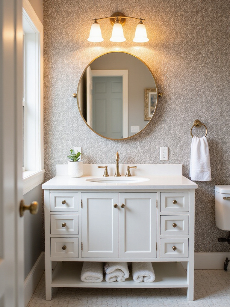 Transformed bathroom vanity with peel-and-stick wallpaper showcasing geometric pattern