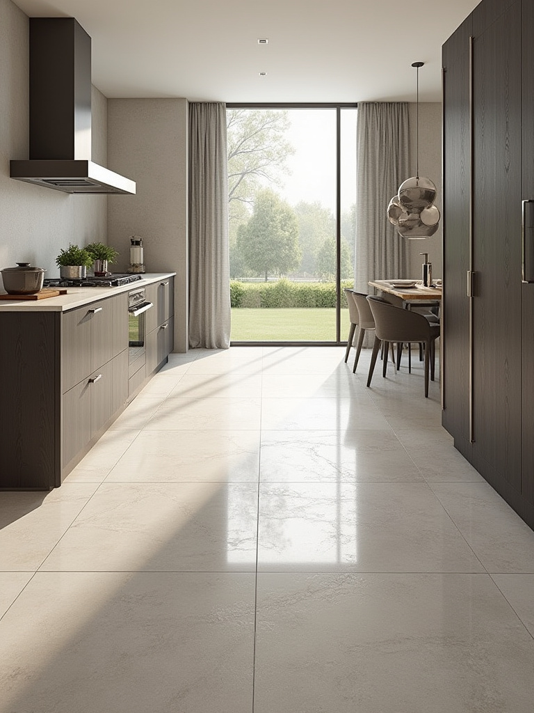 Luxurious kitchen with through-body porcelain tiles mimicking polished concrete.