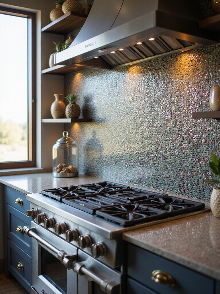 Luxurious kitchen with intricate mosaic tile backsplash.