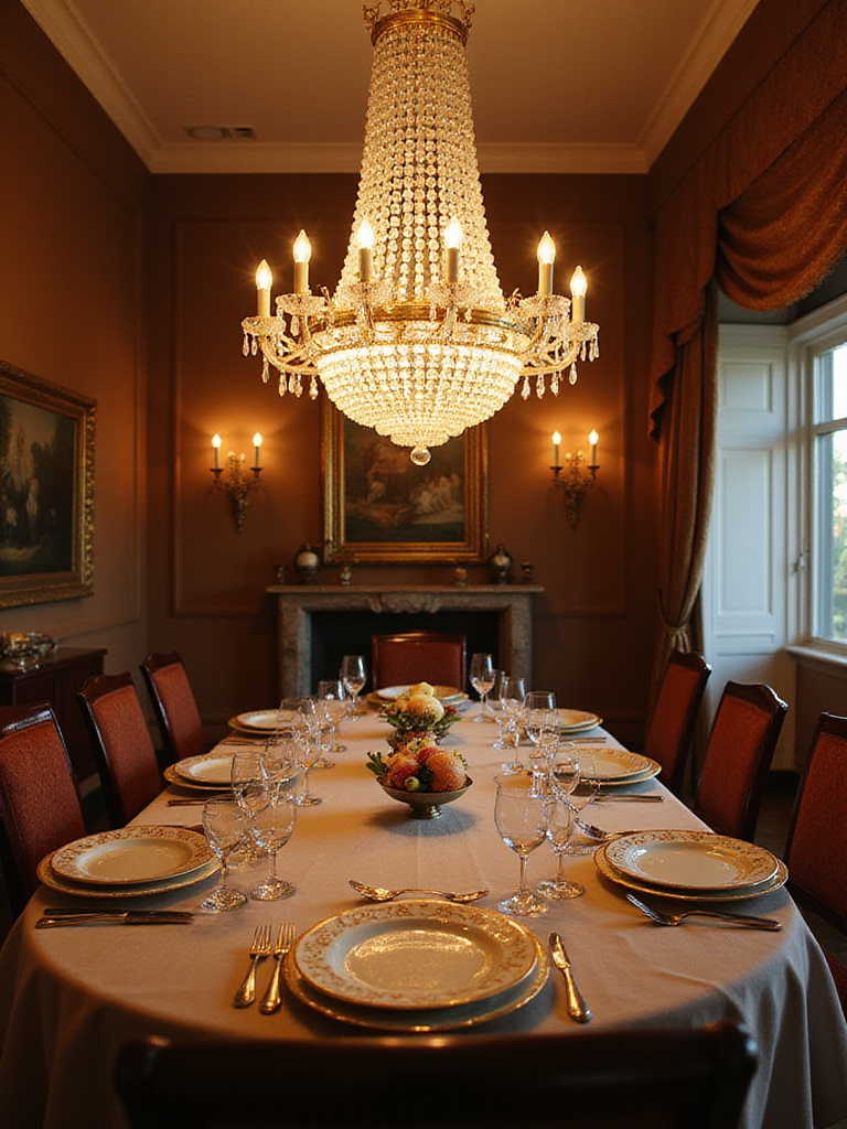 Elegant luxury dining room with crystal chandelier and fine dining setup