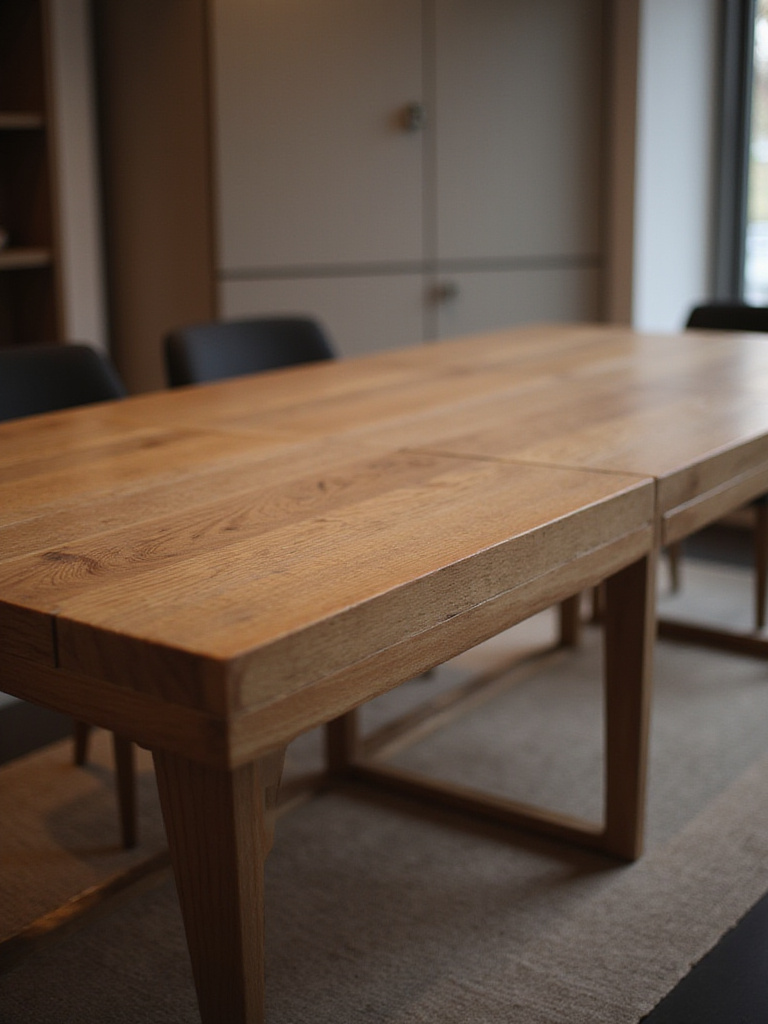 Modern dining room table with warm lighting and detailed wood grain
