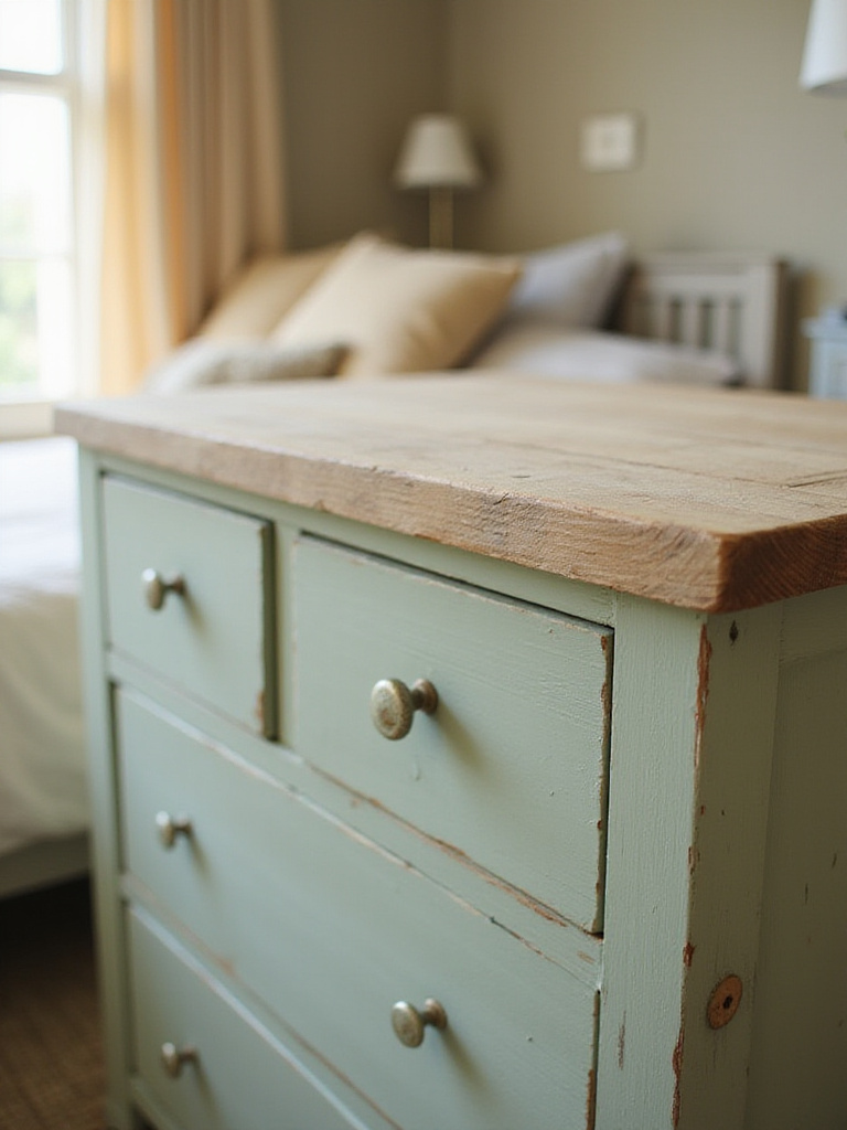 An upcycled dresser in soft sage green chalk paint with natural beeswax finish in a serene bedroom.