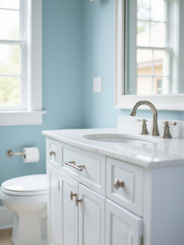 Coastal bathroom with brushed nickel and chrome fixtures, showcasing modern design elements.