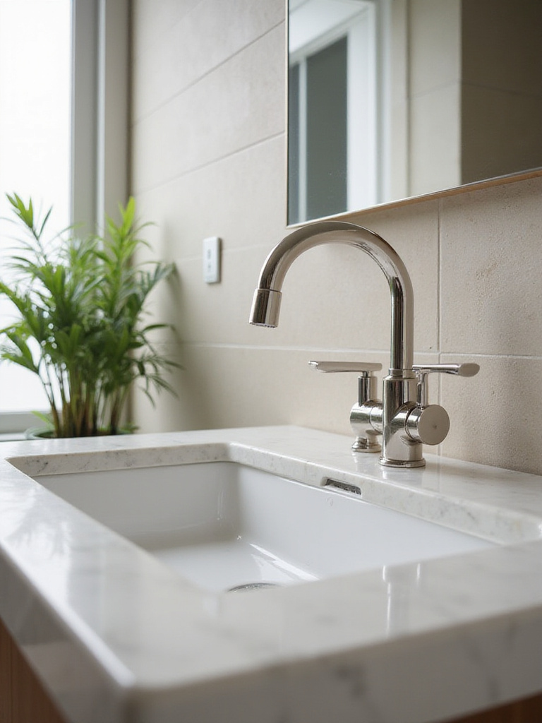 Modern bathroom vanity with sleek faucet and elegant decor.
