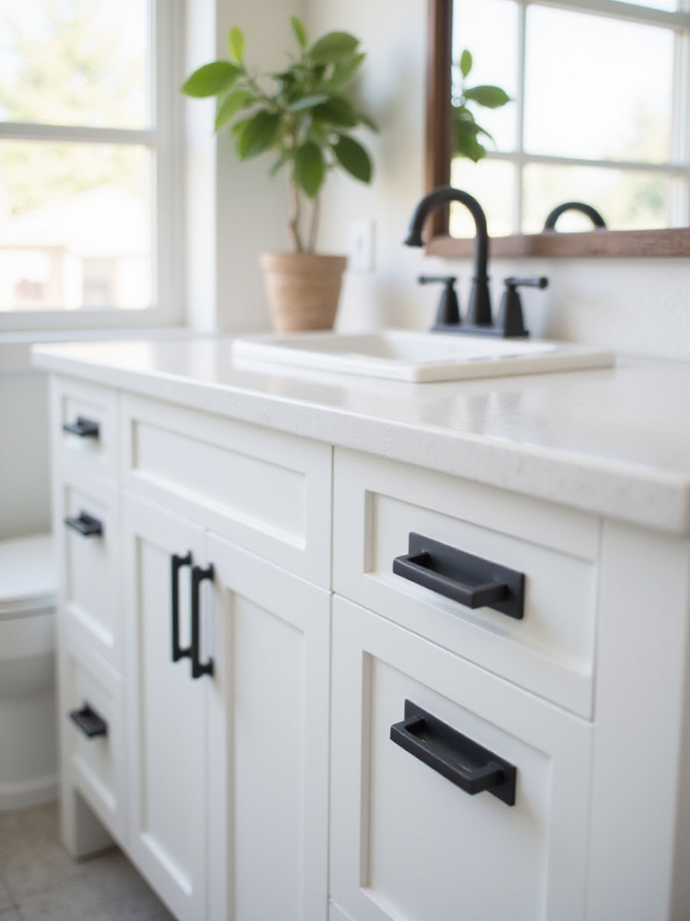 Stylish bathroom vanity with new cabinet hardware in matte black.