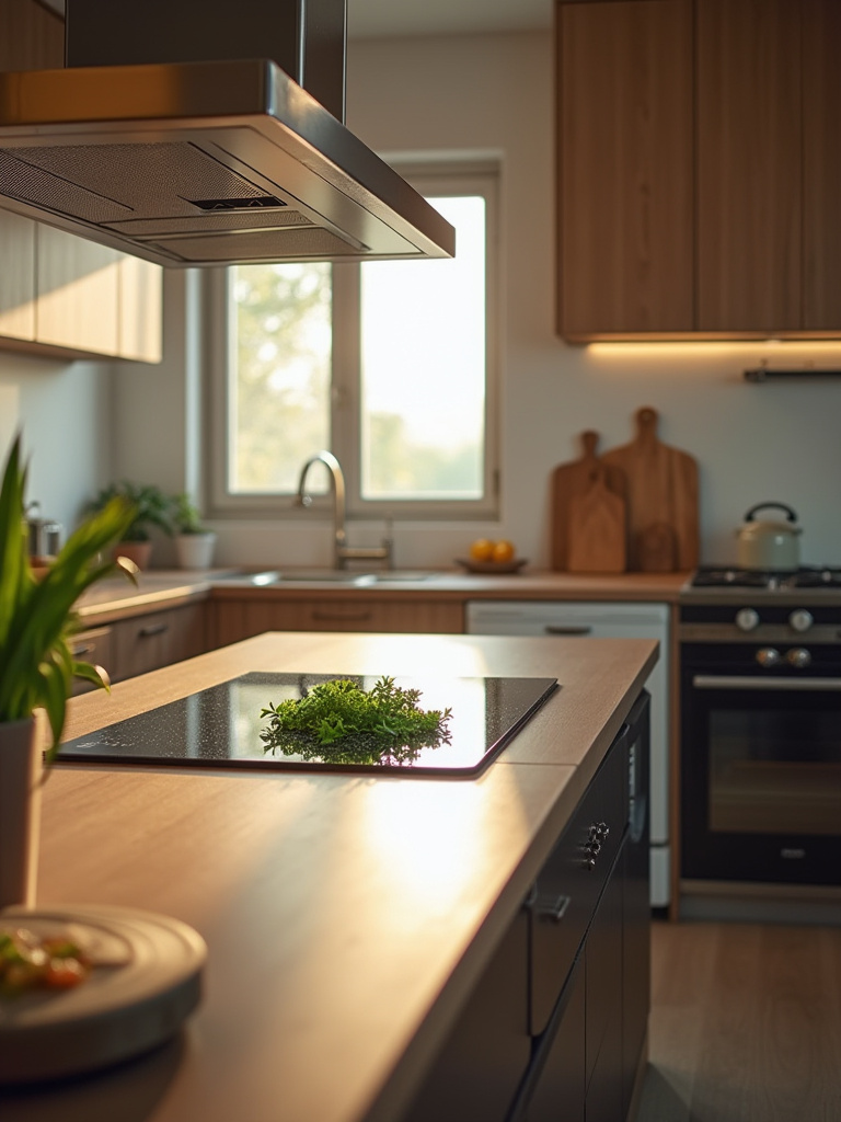 Modern kitchen featuring a sleek induction cooktop with natural lighting