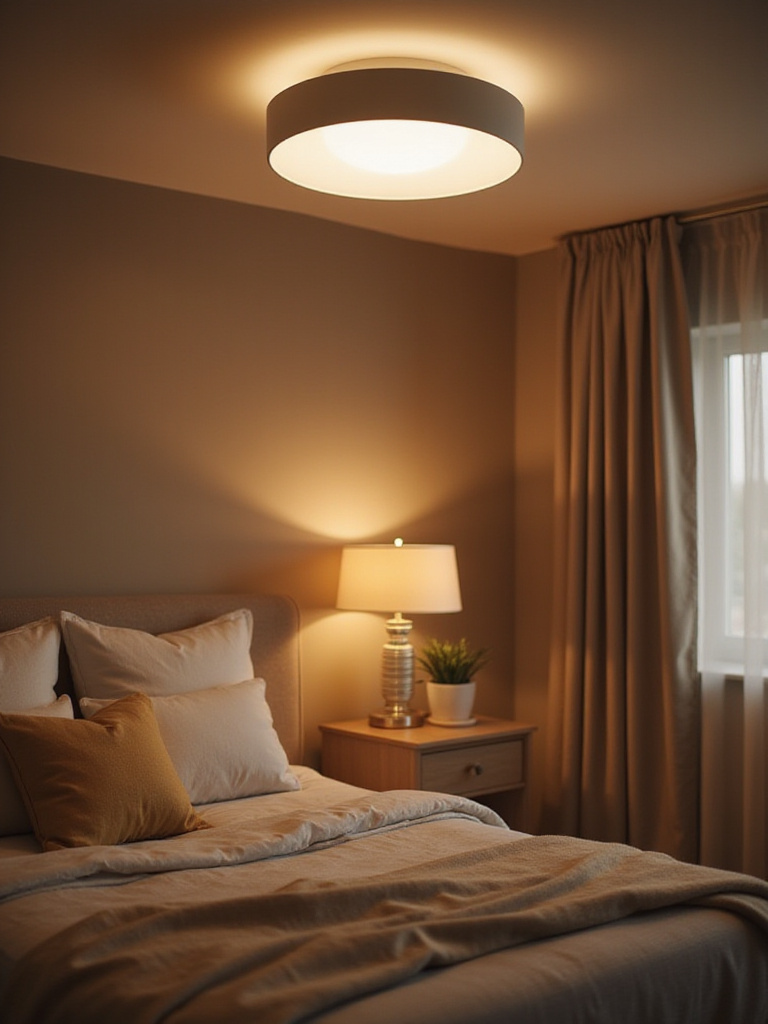 Modern bedroom with energy-efficient LED lighting fixtures providing a warm glow.