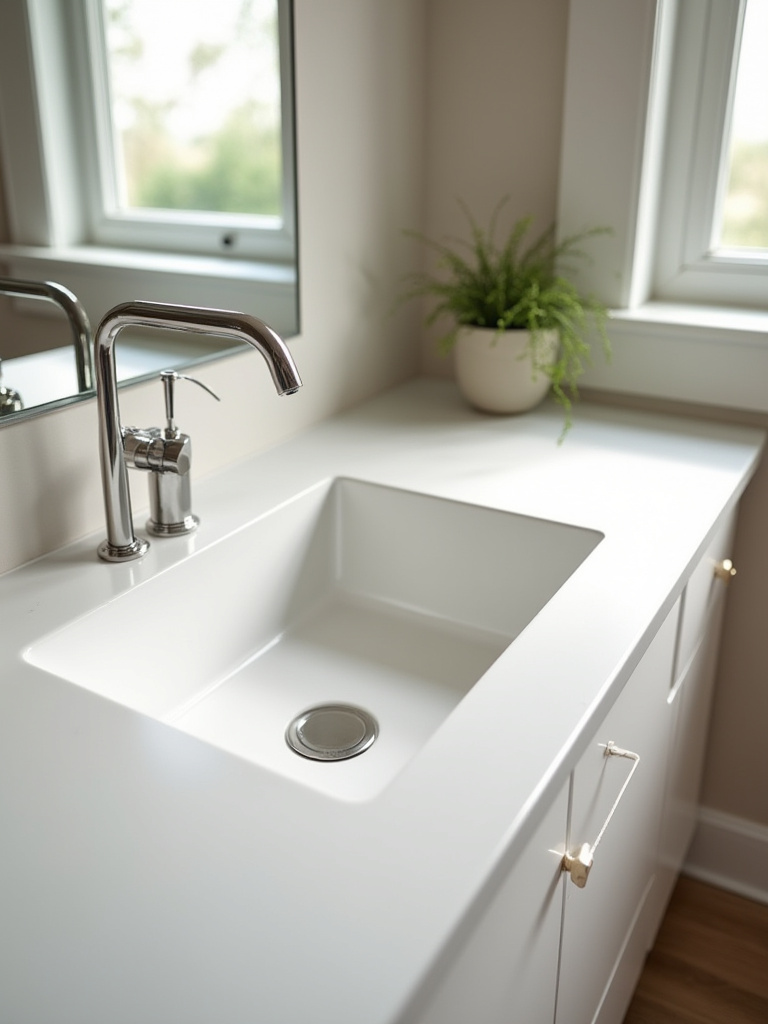 Modern bathroom with a sleek undermount sink and polished quartz countertop.
