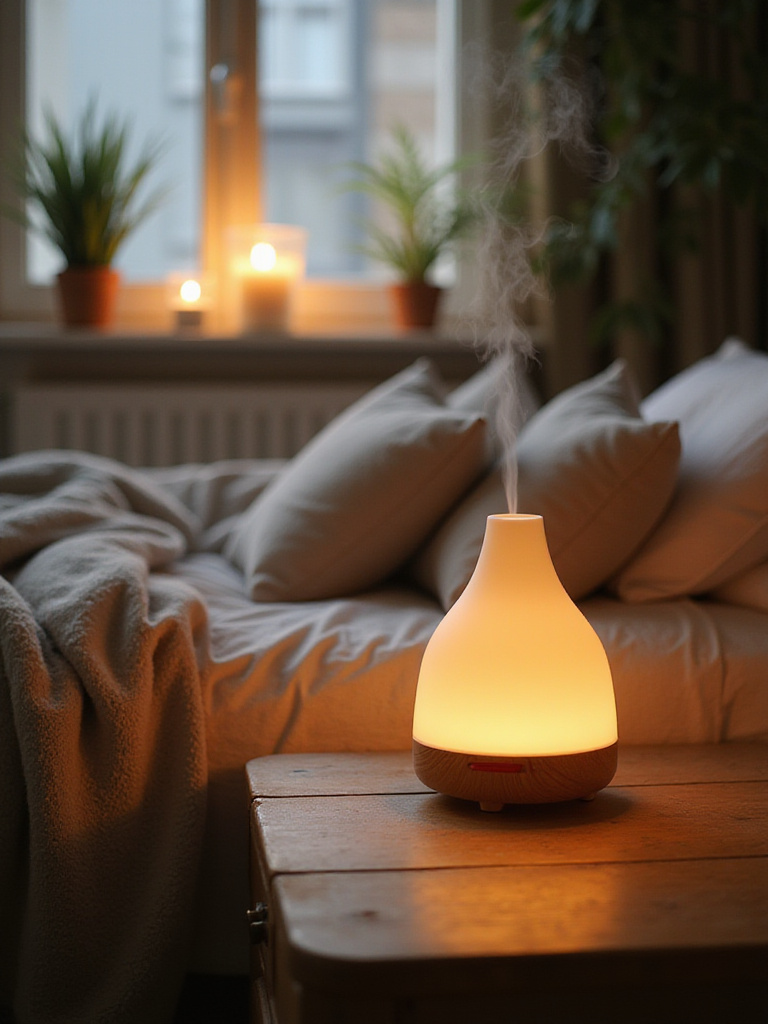 Essential oil diffuser in a tranquil bedroom setting
