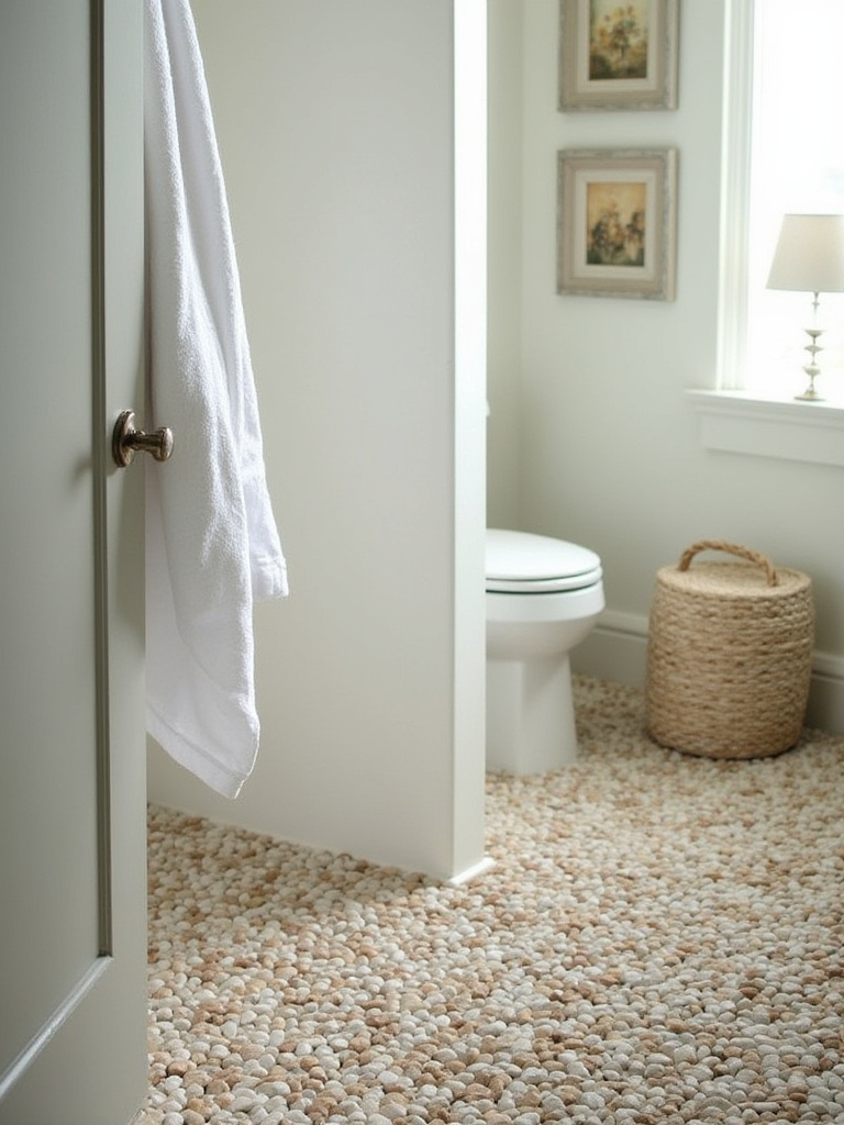 Coastal bathroom with pebble tile shower floor showcasing natural textures.