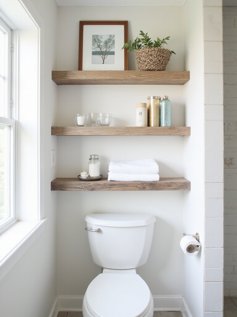 Coastal bathroom with DIY shelves and frames made from reclaimed wood