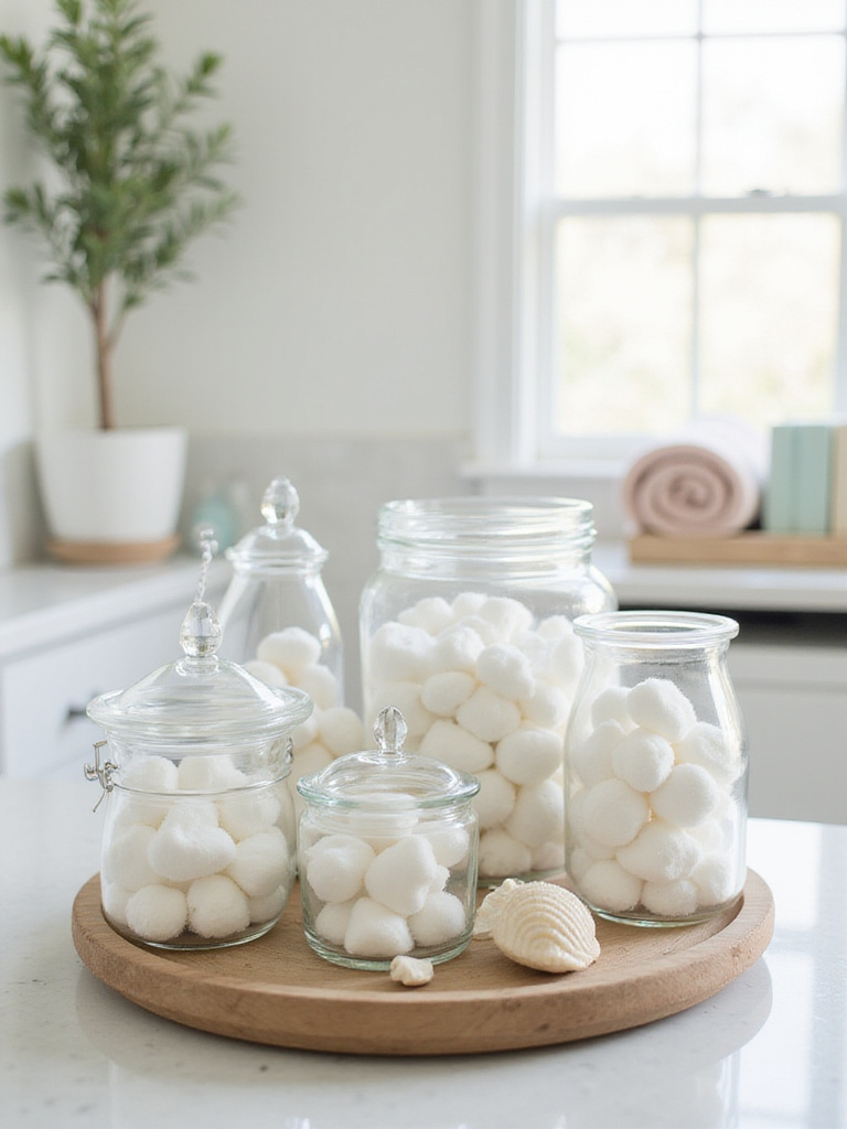 Coastal bathroom with clear glass jars storing cotton balls and soaps on a wooden tray
