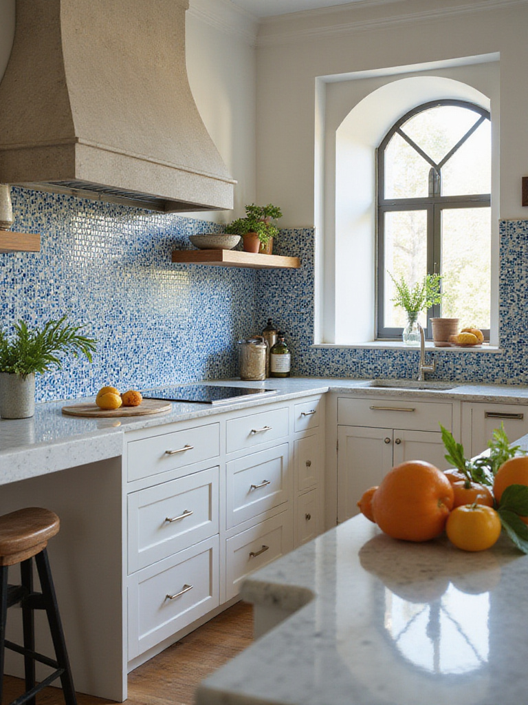 Luxurious kitchen featuring artisan-crafted zellige tile backsplash with natural light highlighting the design.