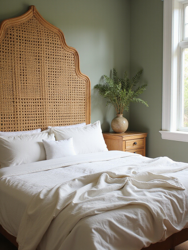 A cozy boho bedroom featuring a rattan headboard and white linen bedding.